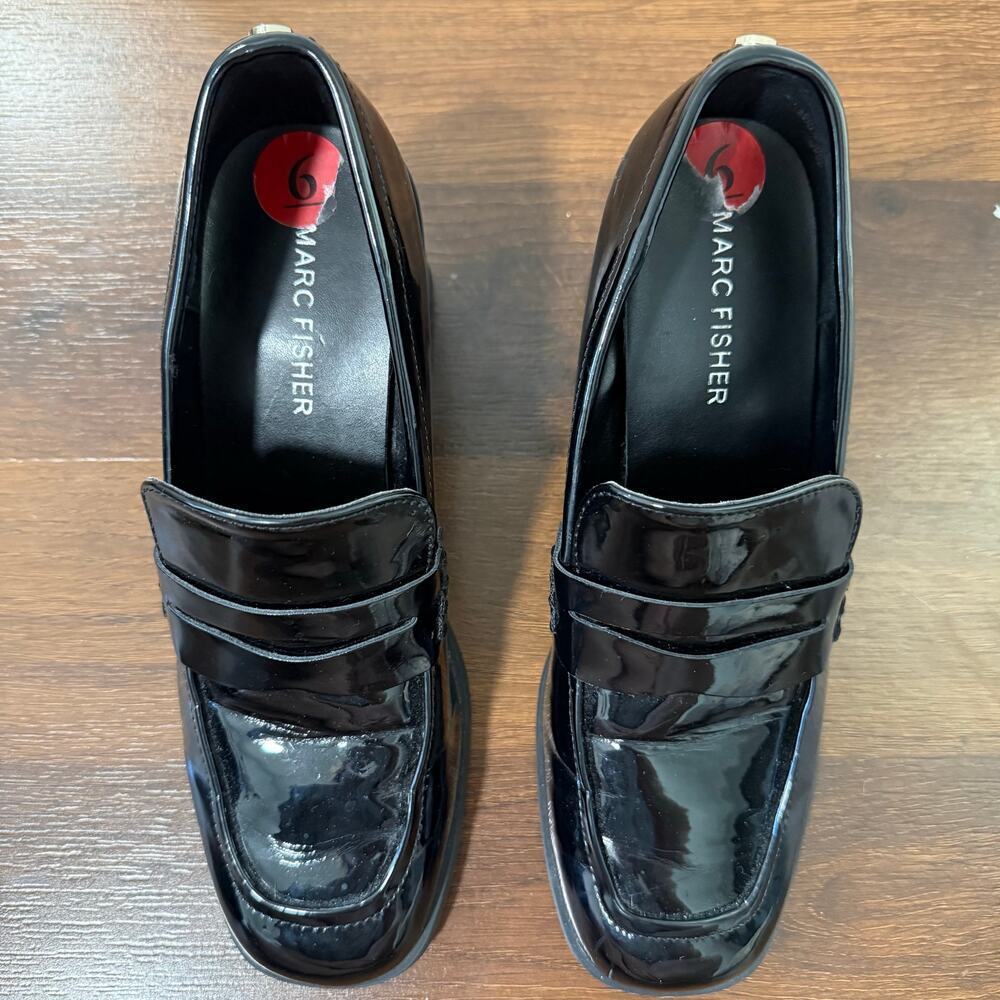 Marc Fisher Kchris Block Heel Patent Loafers Preppy Goth Chic Classic Black Sz 6 - Picture 7 of 8